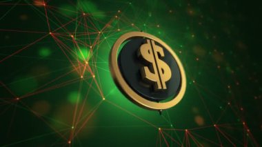 Teknoloji arka planında dönen daireli dolar simgesinin 3 boyutlu animasyon görüntüleri, kusursuz döngü