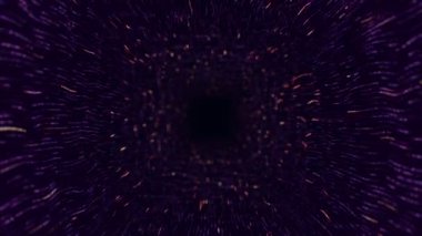 Mor çizgilerden tünele uçma animasyonuyla soyut teknoloji arka planı ve veri transferi olarak titreşen parçacıklar, kusursuz döngünün animasyonu