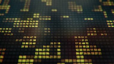 Bilgisayar ekranında farklı yapılandırmalarda sarı ikili kodu temsil eden teknolojik arkaplan, kusursuz döngünün animasyonu