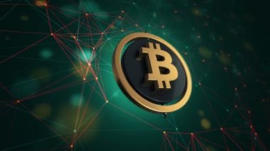 Teknoloji arka planında dönen daireli bitcoin simgesinin 3 boyutlu animasyon görüntüleri, kusursuz döngü