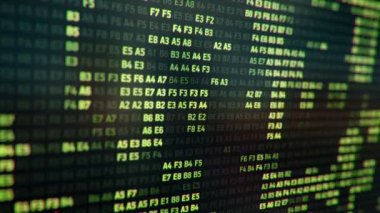 Bilgisayar ekranında farklı yapılandırmalarda yeşil ikili kodu temsil eden teknolojik arkaplan, kusursuz döngünün animasyonu