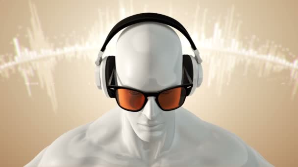 Abstract White Model Human Eyeglasses Headphones Listening Music Golden Background — Stock Video