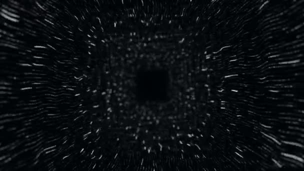 추상적 줄무늬와 거리는 입자로부터 터널로 비행하는 애니메이션을 데이터 바다없는 고리의 — 비디오