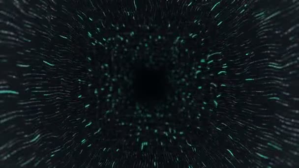 Fondo Tecnología Abstracta Con Animación Vuelo Túnel Rayas Turquesas Partículas — Vídeo de stock