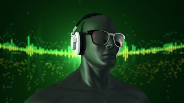 Abstrato Modelo Preto Humano Óculos Fones Ouvido Ouvindo Música Fundo — Vídeo de Stock