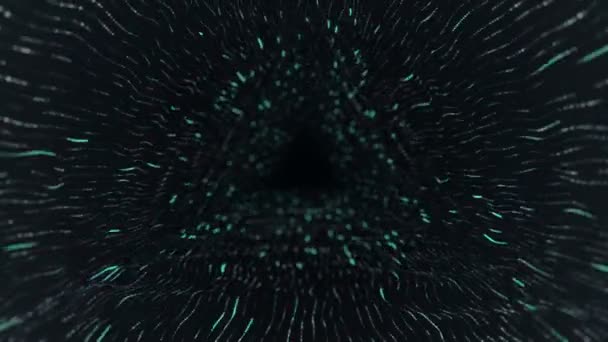 用蓝绿色条纹和闪烁粒子进入隧道动画作为数据传输和无缝环动画的技术背景 — 图库视频影像