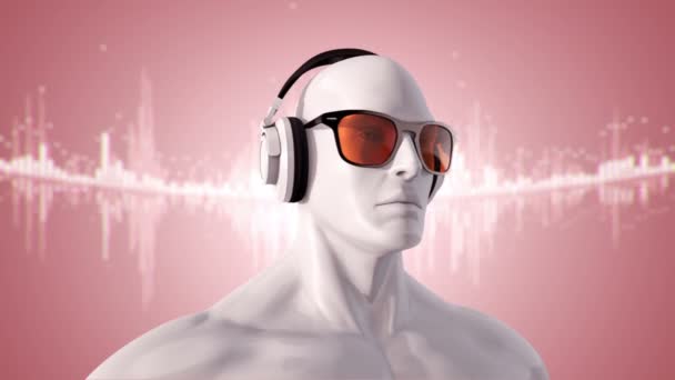 Abstrakcyjny Biały Model Człowieka Okularach Słuchawkach Słuchających Muzyki Różowym Tle — Wideo stockowe
