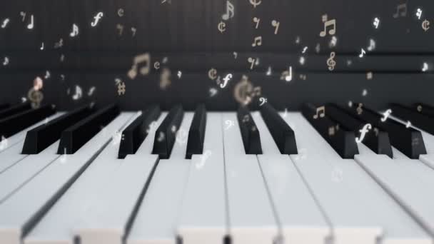 ピアノのキーを押すとピアノで遊ぶのアニメーションと音楽ノートの飛行シンボル シームレスなループのアニメーション — ストック動画