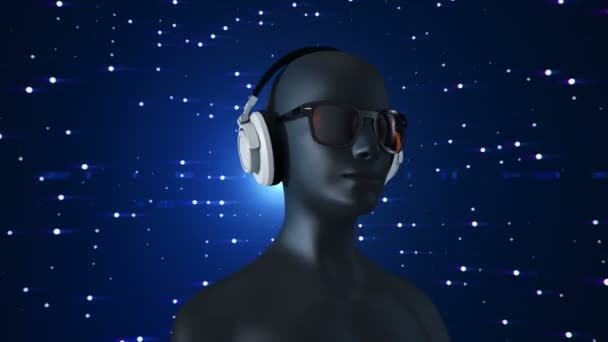 Abstrakcyjny Czarny Model Człowieka Okularach Słuchawkach Słuchających Muzyki Niebieskim Tle — Wideo stockowe