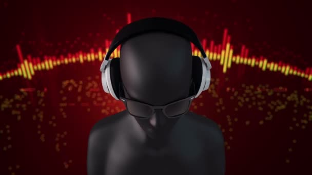 Gözlüklü Kulaklıklı Insanın Soyut Modeli Altın Arka Planda Müzik Dinliyor — Stok video
