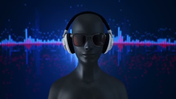 Абстрактна Модель Людини Окулярах Навушниках Слухають Музику Синьому Фоні Анімація — стокове відео