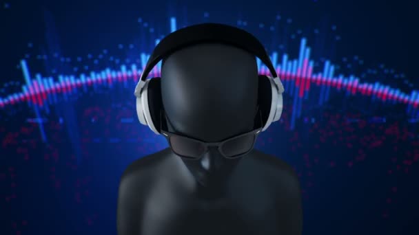 Gözlüklü Kulaklıklı Insanın Soyut Modeli Mavi Arka Planda Müzik Dinliyor — Stok video