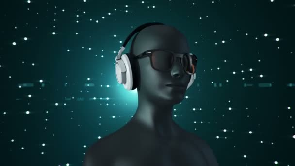 Abstrakt Modell Människa Glasögon Och Hörlurar Lyssna Musik Animation Sömlös — Stockvideo