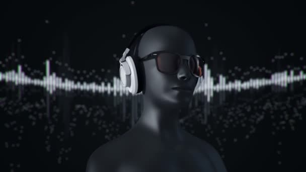 Abstrakcyjny Model Człowieka Okularach Słuchawkach Słuchających Muzyki Animacja Płynnej Pętli — Wideo stockowe
