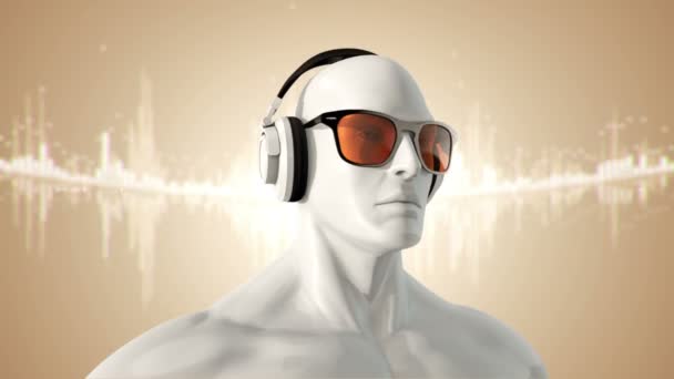 Abstracto Modelo Humano Gafas Auriculares Escuchando Música Sobre Fondo Dorado — Vídeos de Stock