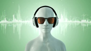 Gözlüklü ve kulaklıklı insanın soyut beyaz 3D modeli yeşil arka planda müzik dinliyor, kusursuz döngünün animasyonu 