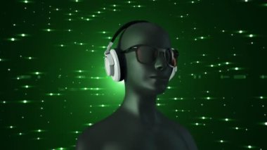 Gözlüklü ve kulaklıklı insanın soyut siyah 3D modeli yeşil arka planda müzik dinliyor, kusursuz döngünün animasyonu 
