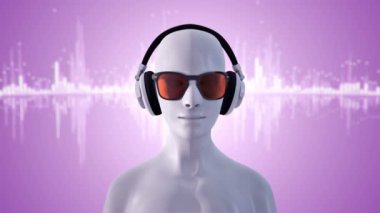 Gözlüklü ve kulaklıklı insanın soyut beyaz 3D modeli mor arka planda müzik dinliyor, kusursuz döngünün animasyonu 