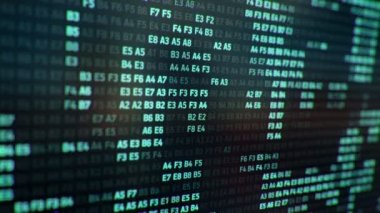 Bilgisayar ekranında farklı yapılandırmalarda turkuaz ikili kodların temsili ile teknolojik arkaplan, kusursuz döngünün animasyonu