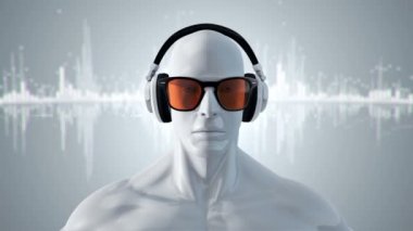 Gözlüklü ve kulaklıklı insanın soyut beyaz 3D modeli gri arka planda müzik dinliyor, kusursuz döngünün animasyonu 