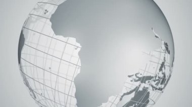 Gri Dünya Küresi 'nin camdan dönmesiyle soyut arkaplan, pürüzsüz döngü animasyonu 
