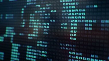 Bilgisayar ekranında farklı yapılandırmalarda mavi ikili kodu temsil eden teknolojik arkaplan, kusursuz döngünün animasyonu