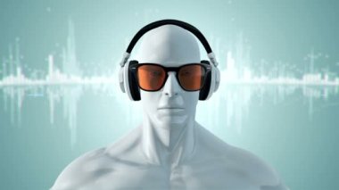 Gözlüklü ve kulaklıklı insanın soyut beyaz 3D modeli turkuaz arka planda müzik dinliyor, kusursuz döngünün animasyonu 