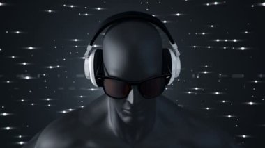Gözlüklü ve kulaklıklı insanın soyut siyah 3D modeli. Gri arka planda müzik dinliyor. Kusursuz döngünün animasyonu. 