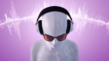 Gözlüklü ve kulaklıklı insanın soyut beyaz 3D modeli mor arka planda müzik dinliyor, kusursuz döngünün animasyonu 