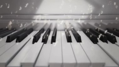 Piyano tuşlarına basılı piyano çalma animasyonu ve notaların beyaz uçan sembolleri, kusursuz döngünün animasyonu 