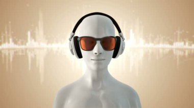 Gözlüklü ve kulaklıklı insanın soyut beyaz 3D modeli altın arka planda müzik dinliyor, kusursuz döngünün animasyonu 