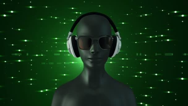 Abstracto Negro Modelo Humano Gafas Auriculares Escuchando Música Sobre Fondo — Vídeos de Stock