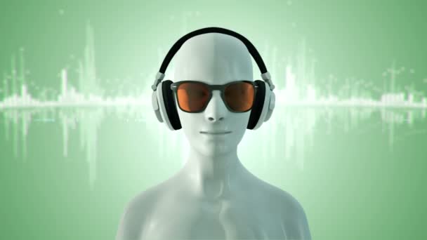 Astratto Modello Bianco Umano Occhiali Cuffie Ascoltare Musica Sfondo Verde — Video Stock