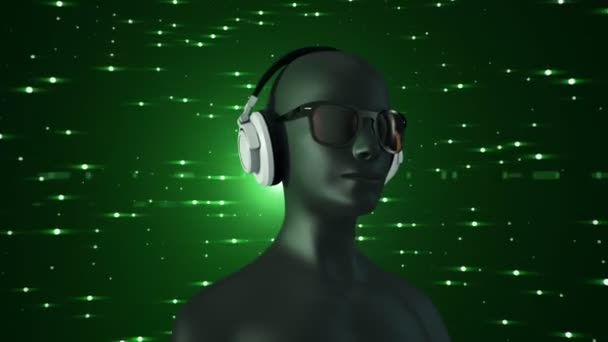 Abstract Black Model Human Eyeglasses Headphones Listening Music Green Background — Stock Video