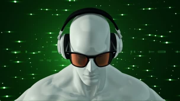 緑の背景で音楽を聴く眼鏡やヘッドフォンの人間の抽象的な白い3Dモデル シームレスなループのアニメーション — ストック動画