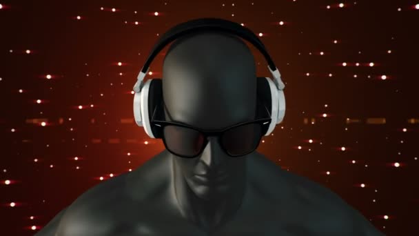 Abstrakcyjny Czarny Model Człowieka Okularach Słuchawkach Słuchających Muzyki Czerwonym Tle — Wideo stockowe