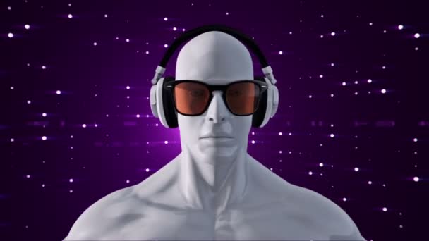 Abstracto Blanco Modelo Humano Gafas Auriculares Escuchando Música Sobre Fondo — Vídeo de stock