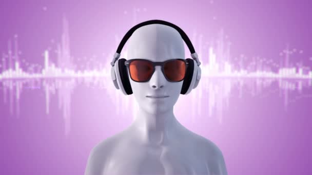 Astratto Modello Bianco Umano Occhiali Cuffie Ascoltare Musica Sfondo Viola — Video Stock