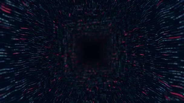 Абстрактный Технологический Фон Анимацией Полета Туннель Красочных Полос Мерцающих Частиц — стоковое видео