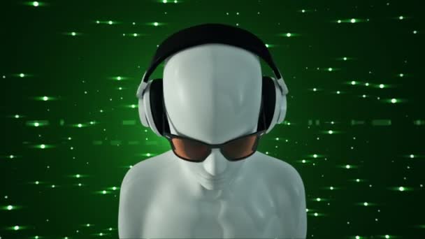 Gözlüklü Kulaklıklı Insanın Soyut Beyaz Modeli Yeşil Arka Planda Müzik — Stok video