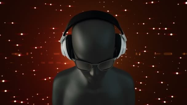 眼镜和耳机中的人的抽象黑色3D模型 在红色背景下听音乐 无缝循环动画 — 图库视频影像