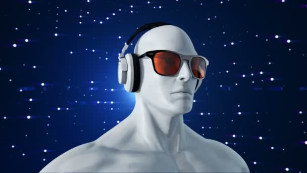 Abstrakcyjny Biały Model Człowieka Okularach Słuchawkach Słuchających Muzyki Niebieskim Tle — Wideo stockowe