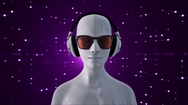 Абстрактная Белая Модель Человека Очках Наушниках Слушающая Музыку Фиолетовом Фоне — стоковое видео