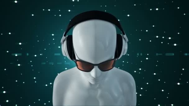 Gözlüklü Kulaklıklı Insanın Soyut Beyaz Modeli Turkuaz Arka Planda Müzik — Stok video