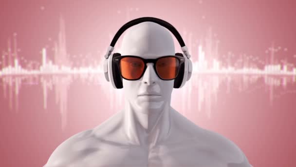 Abstract White Model Human Eyeglasses Headphones Listening Music Pink Background — стоковое видео
