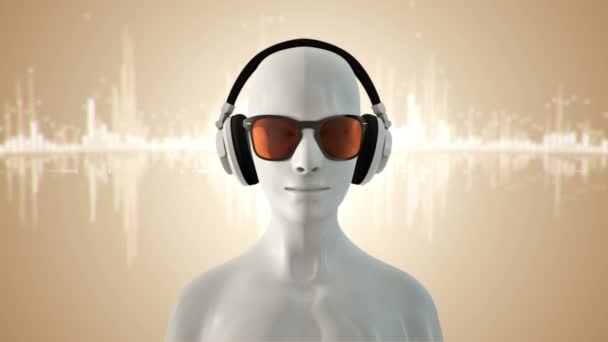 Abstracto Blanco Modelo Humano Gafas Auriculares Escuchando Música Sobre Fondo — Vídeo de stock