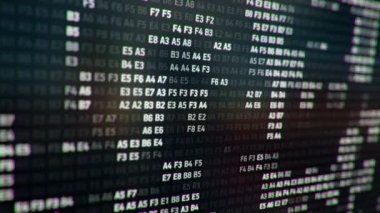 Bilgisayar ekranında farklı yapılandırmalarda beyaz ikili kodu temsil eden teknolojik arkaplan, kusursuz döngünün animasyonu