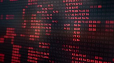 Bilgisayar ekranında farklı yapılandırmalarda kırmızı ikili kodu temsil eden teknolojik arkaplan, kusursuz döngünün animasyonu