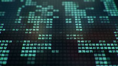 Bilgisayar ekranında farklı yapılandırmalarda turkuaz ikili kodların temsili ile teknolojik arkaplan, kusursuz döngünün animasyonu