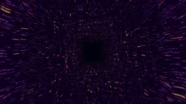 Mor çizgilerden tünele uçma animasyonuyla soyut teknoloji arka planı ve veri transferi olarak titreşen parçacıklar, kusursuz döngünün animasyonu